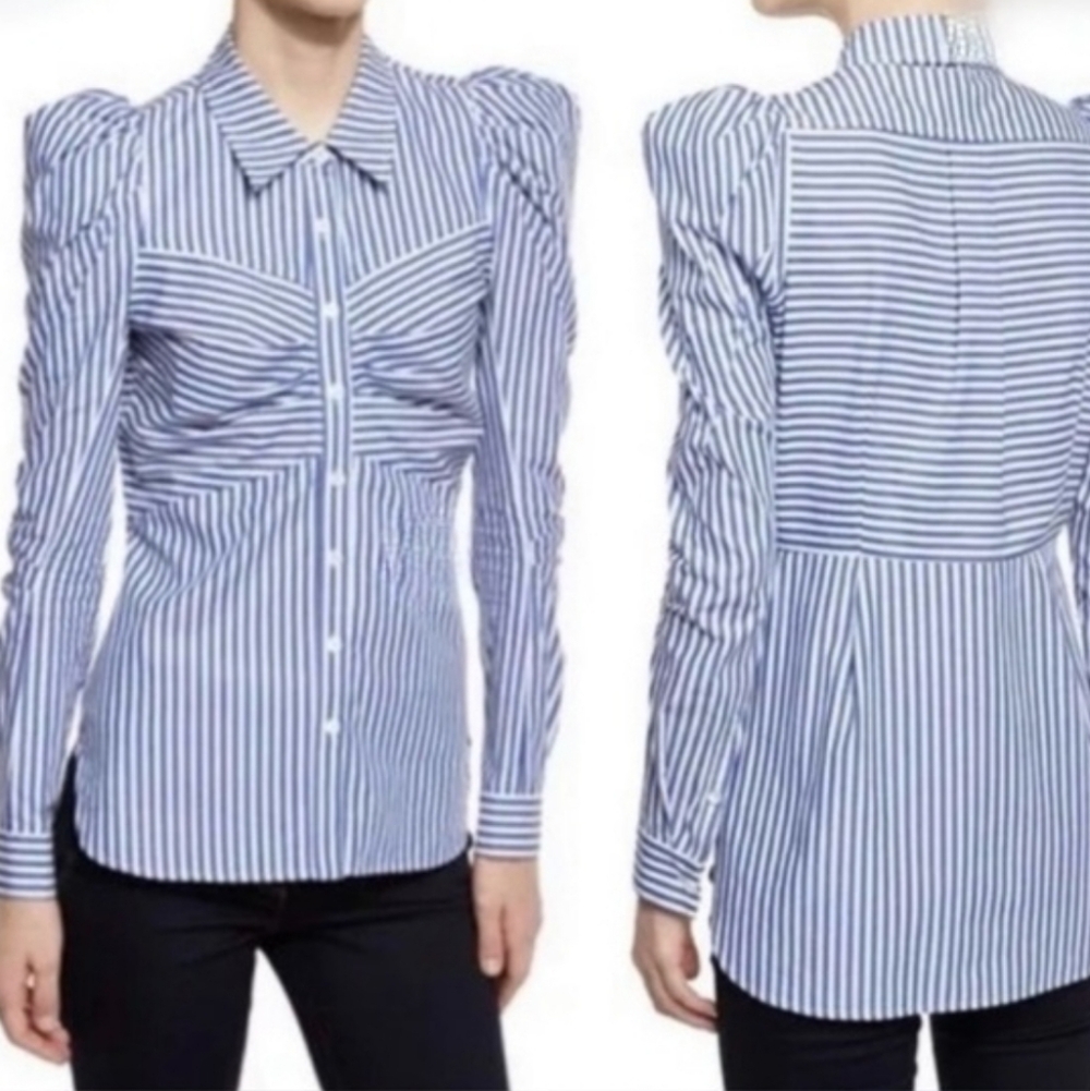 Veronica Beard Blue Striped Puff Sleeve Cotton Shirt